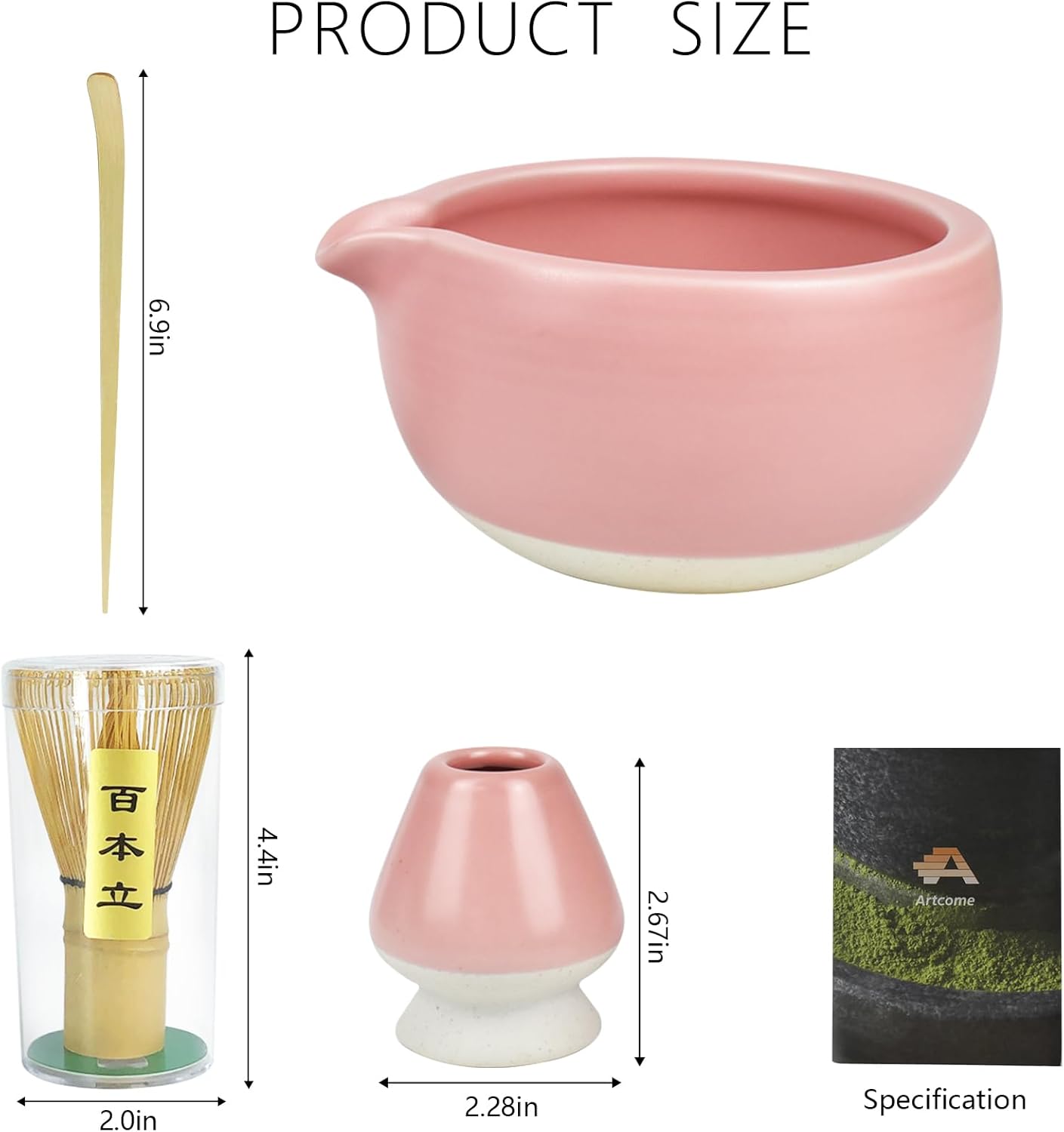 Artcome 4 Pcs Complete Matcha Ceremony Kit - Japanese Bowl With Pouring Spout, Whisk, Holder, Scoop - Tea Set for Making Usucha, Koicha and Latte (Green)