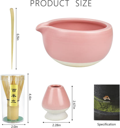 Artcome 4 Pcs Complete Matcha Ceremony Kit - Japanese Bowl With Pouring Spout, Whisk, Holder, Scoop - Tea Set for Making Usucha, Koicha and Latte (Green)