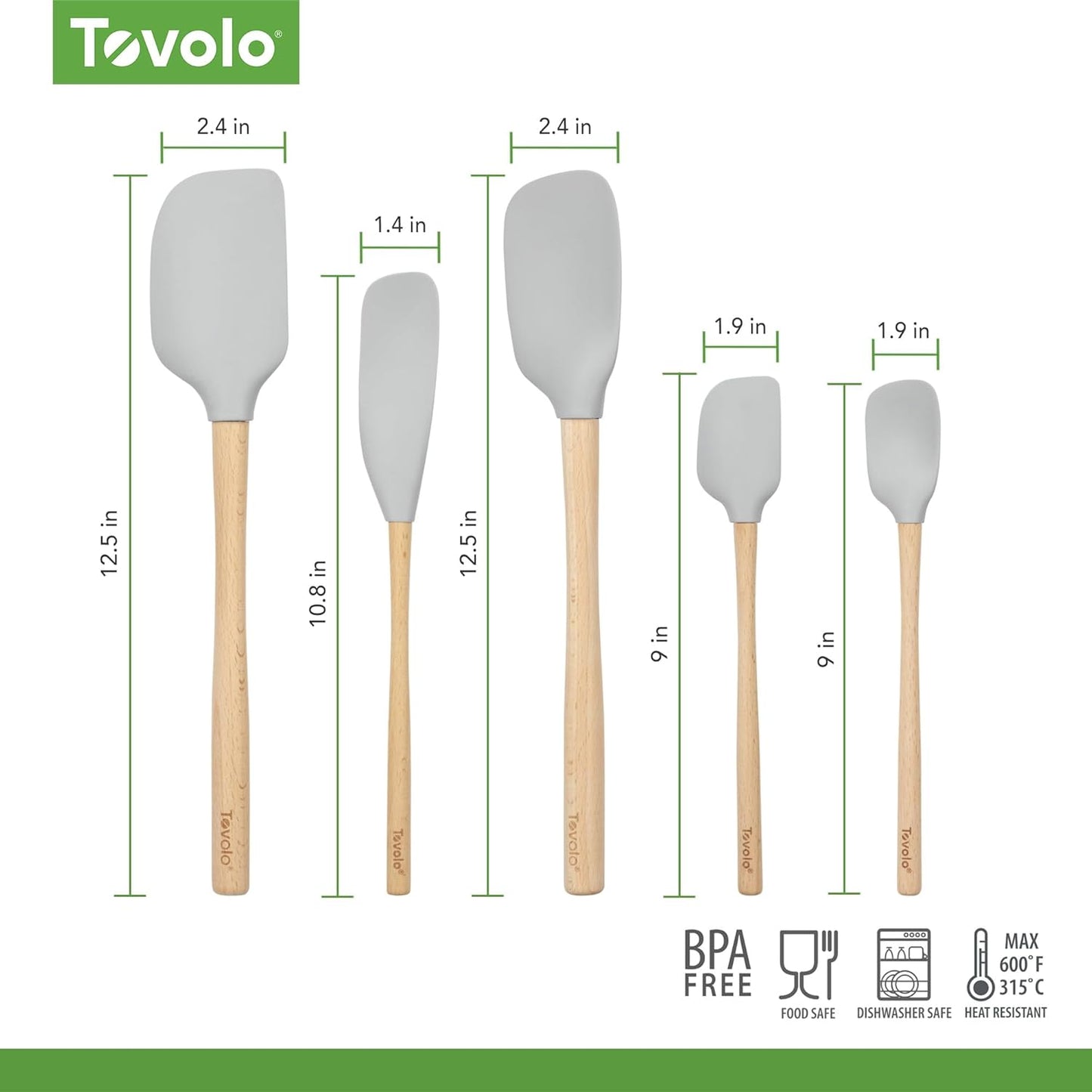 Tovolo Silicone Spatula with Wooden Handle Set of 5 Piece Silicone Kitchen Utensil Set Spoonula Jar Scraper Mini Spatula and Spoonula for Cooking Baking Mixing Folding Deep Indigo
