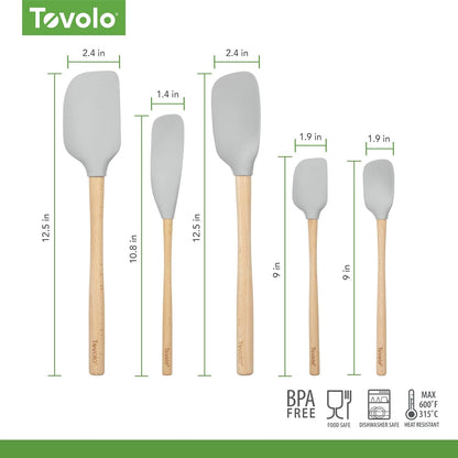 Tovolo Silicone Spatula with Wooden Handle Set of 5 Piece Silicone Kitchen Utensil Set Spoonula Jar Scraper Mini Spatula and Spoonula for Cooking Baking Mixing Folding Deep Indigo