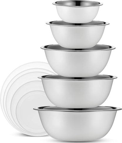 WHYSKO Stainless Steel Mixing Bowl Set, 10 Piece Stainless Steel Mixing Bowls with Lids Set for Food Prep Storage and Serving, Dishwasher Safe for Kitchen Baking Cooking, Silver
