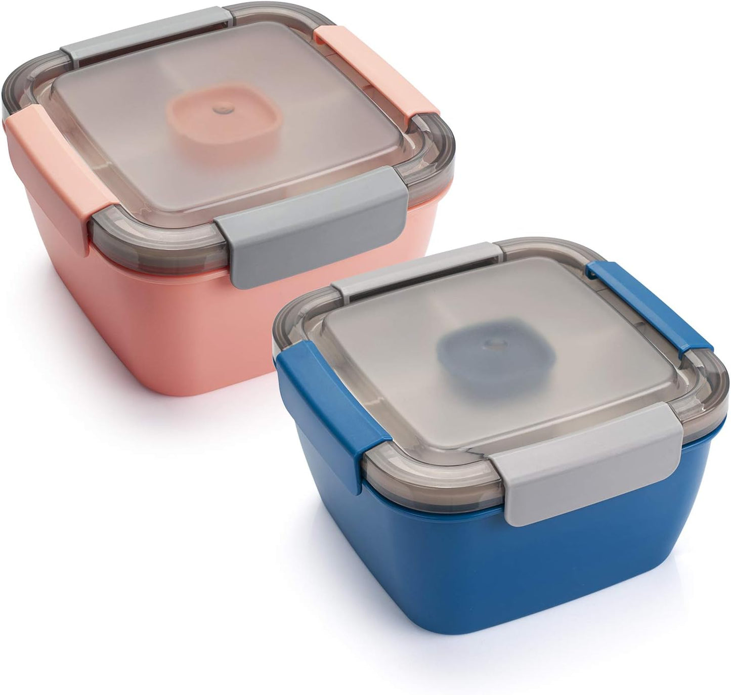 Freshmage Salad Lunch Containers To Go, 2 Pack 52-oz Bowls with 3 Compartments, Dressing Containers for Toppings, Snacks - Pink & Green