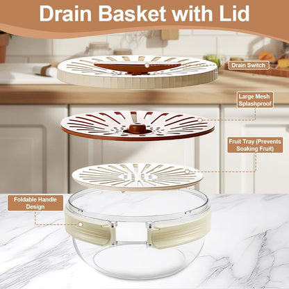 Multifunctional Fruit Washing Bowl,2 in 1 Drainer and Strainer,Foldable Handle Drain Basket with Lid,Kitchen Colanders & Food Strainers, Suitable for Washing Fruits and Vegetables