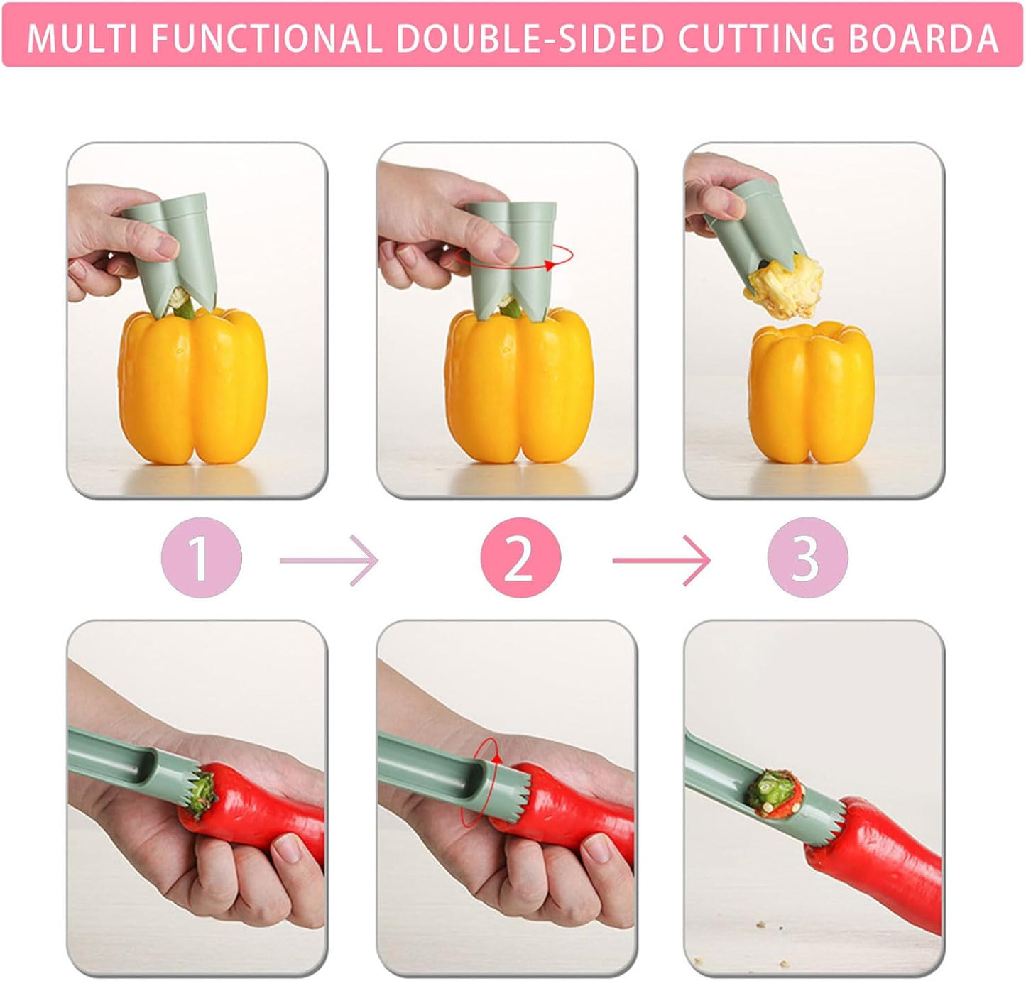 Pepper Corer, 2 in 1 Red Bell Pepper Seed Corer Remover Tool, Fruit & Vegetable Corers Quick Cave Tools for Jalapeno Cutter Deseeder, Green