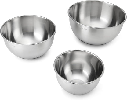 KitchenAid Universal Nesting Plastic Mixing Bowls, Set Of 3, 2.5 quart, 3.5 quart, 4.5 quart, Non Slip Base with Easy Pour Spout to Reduce Mess, Dishwasher Safe, Aqua Sky, White, Gray