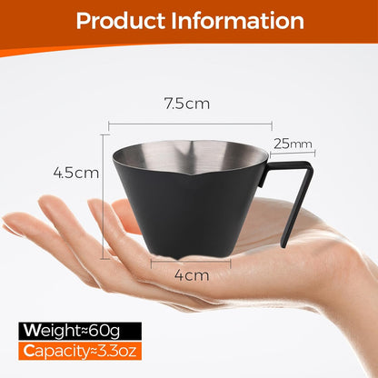 YARRAMATE 2 Pcs Espresso Cups with Handle, Stainless Steel Espresso Accessories, Double Spout Metal Measuring Cup with Dual Scale, Espresso Shot cup with V-Shaped Mouth, 3.4OZ/100ML(Silver)