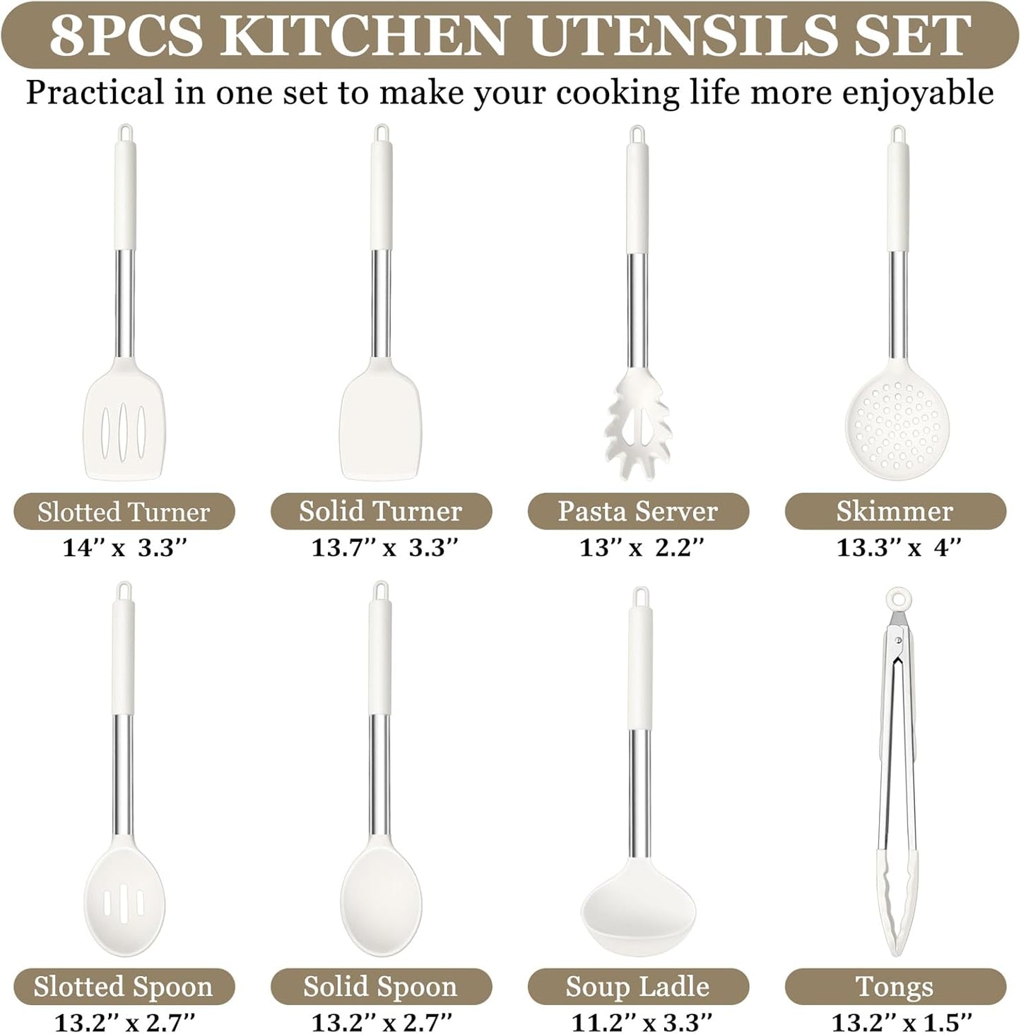 TeamFar Kitchen Utensils Set of 8, Silicone Utensils Kitchen Tools Set with Stainless Steel Handle, for Frying Serving Flipping Draining, Non-toxic & Heatproof, Nonstick & Dishwasher Safe - Black