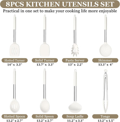 TeamFar Kitchen Utensils Set of 8, Silicone Utensils Kitchen Tools Set with Stainless Steel Handle, for Frying Serving Flipping Draining, Non-toxic & Heatproof, Nonstick & Dishwasher Safe - Black