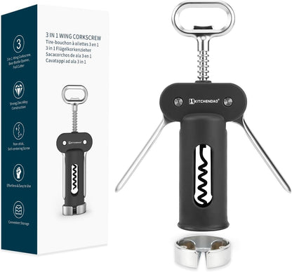 KITCHENDAO Luxury 3 in 1 Wine Opener with Foil Cutter, Beer Bottle Opener, Sturdy Zinc Alloy Wing Corkscrew with Self-centering Non-stick Sharp Screw, Easy to Remove Cork, Manual Corkscrew (Black)