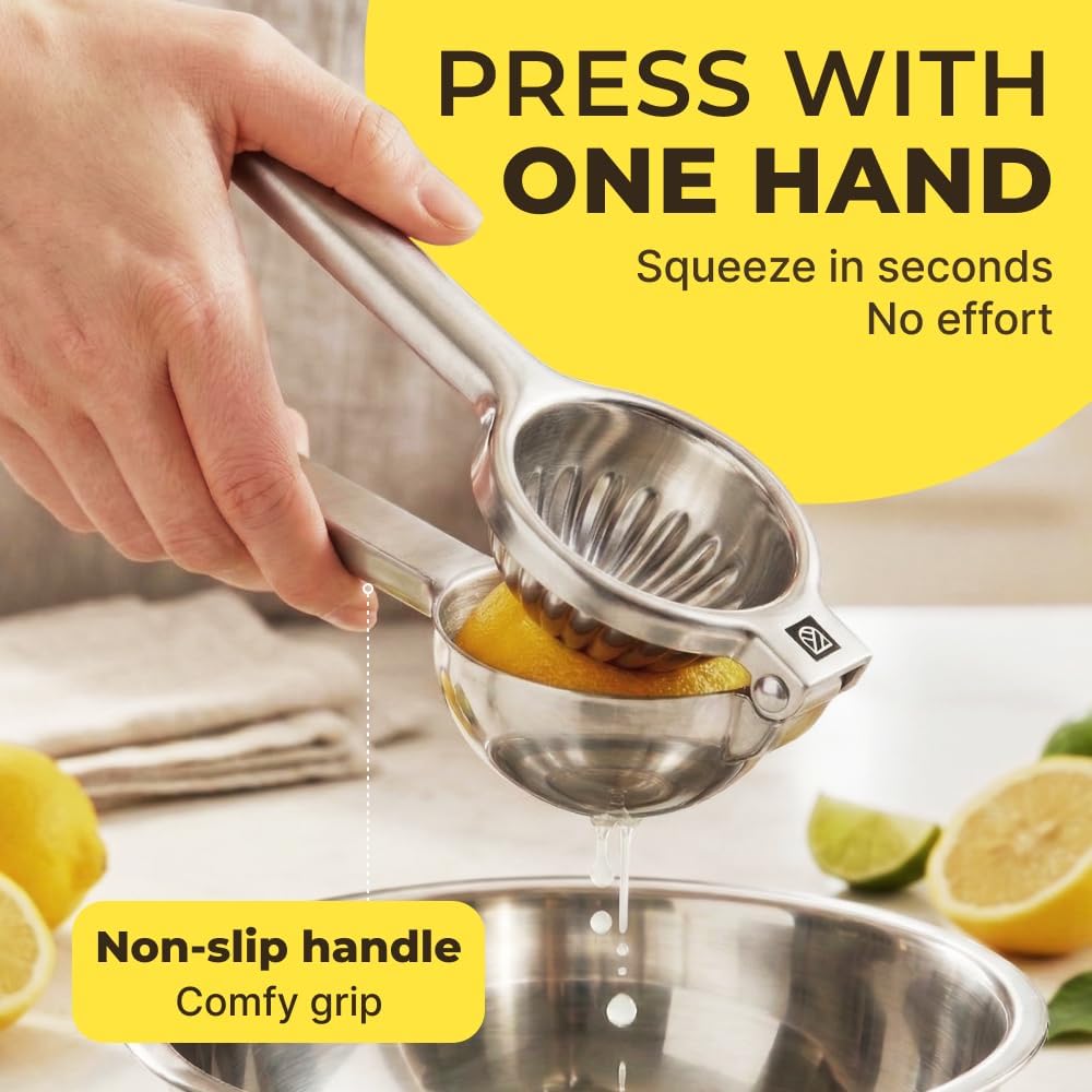 Large Lemon Squeezer Stainless Steel Press - Non-Slip Grip, Heavy Duty, Manual Design - Effortless Pro-Grade Lemon, Lime, Orange, and Citrus Fruit Hand Held Lemon Juicer Squeezer - No Seeds, Max Juice