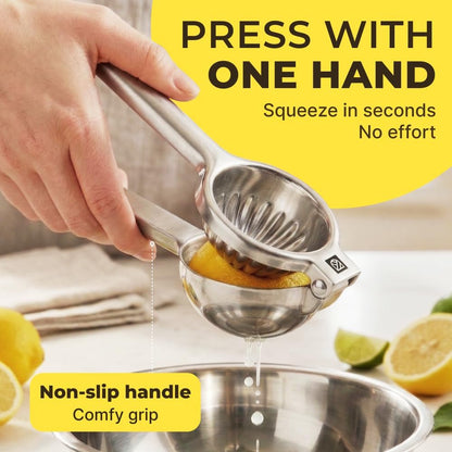 Large Lemon Squeezer Stainless Steel Press - Non-Slip Grip, Heavy Duty, Manual Design - Effortless Pro-Grade Lemon, Lime, Orange, and Citrus Fruit Hand Held Lemon Juicer Squeezer - No Seeds, Max Juice