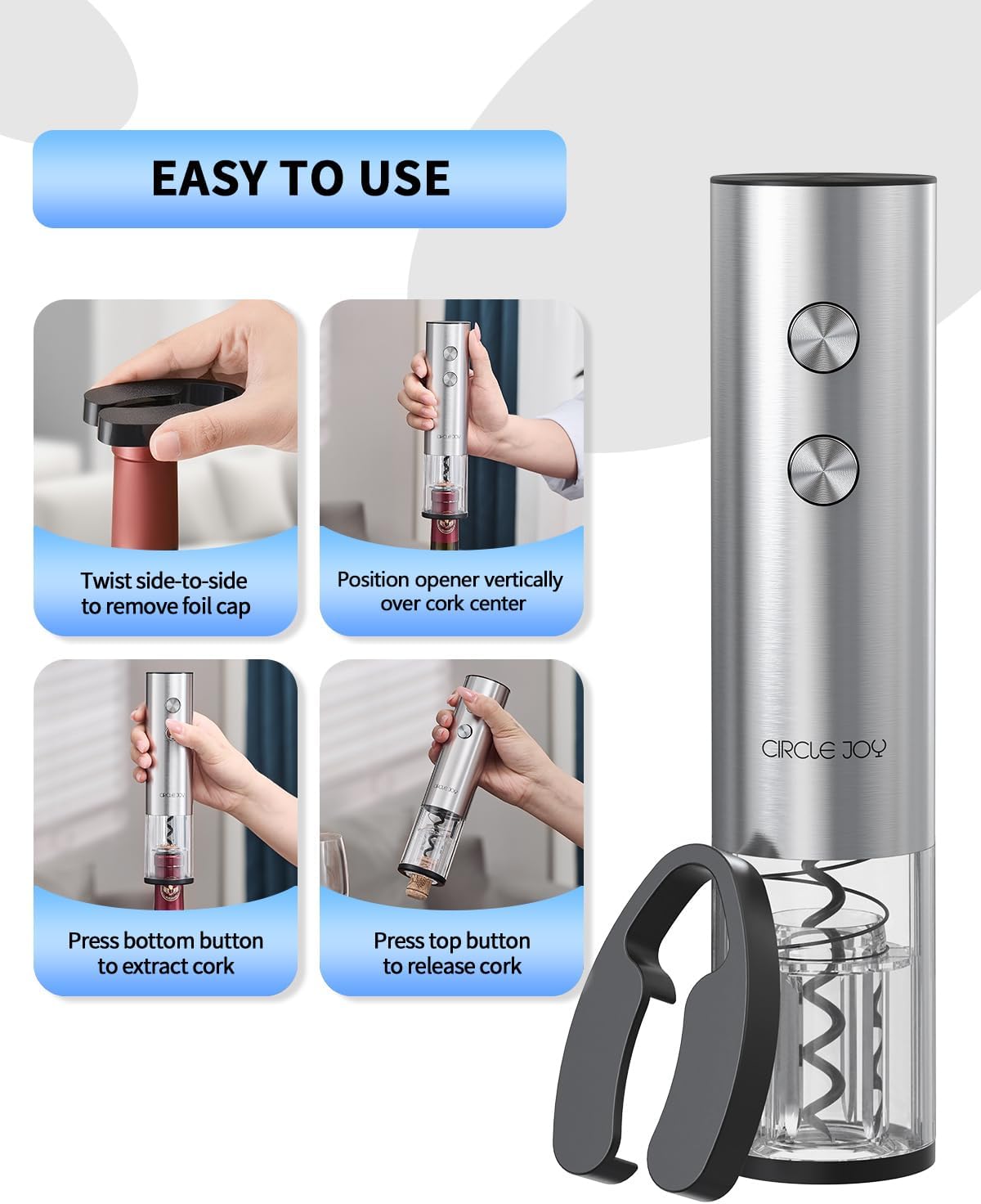 CIRCLE JOY Electric Wine Opener Stainless Steel Rechargeable Automatic Wine Bottle Opener Set 7-in-1 Wine Gifts for Wine Lovers with Charging Base, Foil Cutter, Wine Aerator Pourer & 2 Vacuum Stoppers