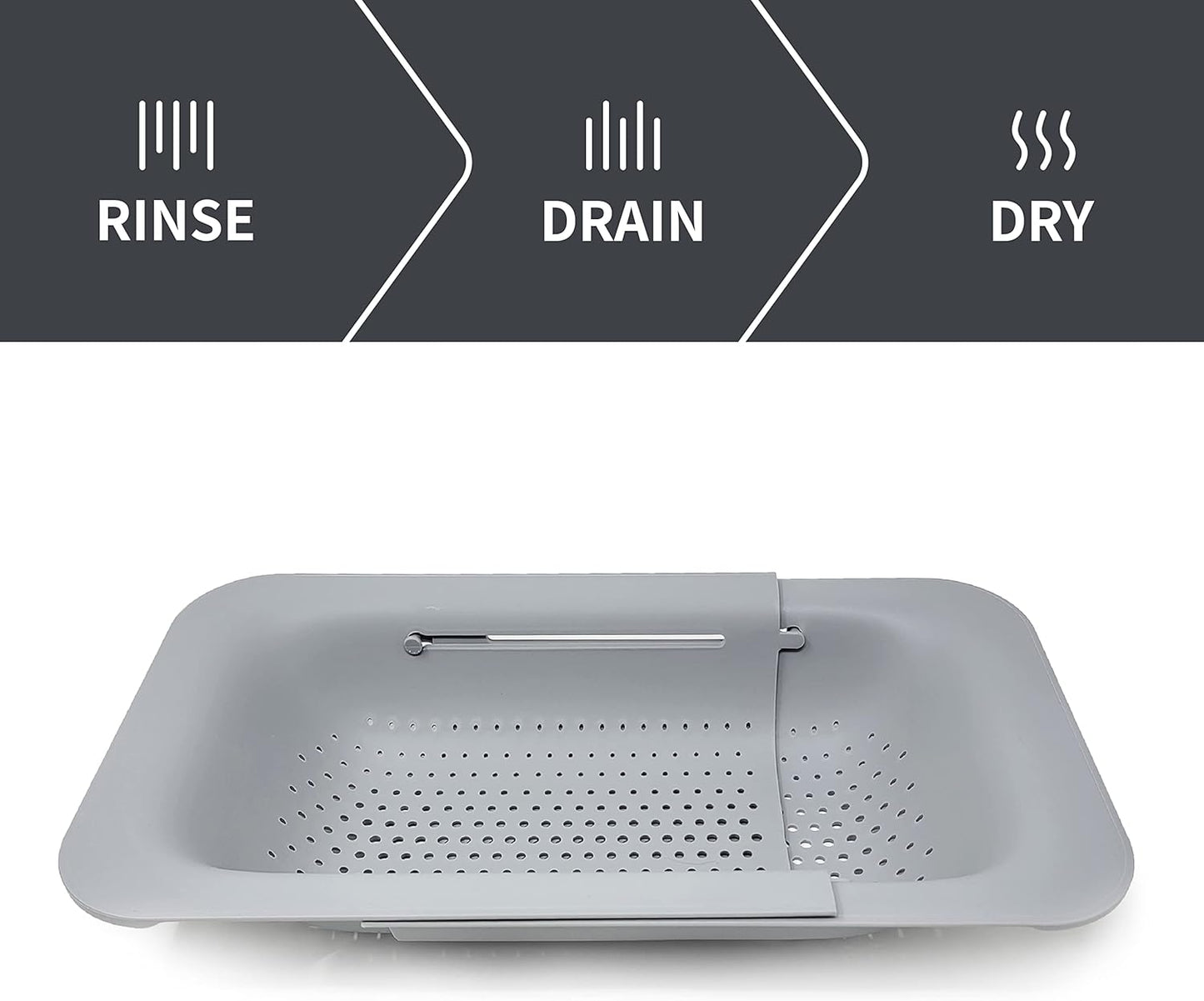 Makerstep Over the Sink Colander Strainer Basket - Expandable, Wash, Drain, and Dry. - New Home Kitchen Essentials, Multifunctional Kitchen Gadgets, Grey 14.25x8