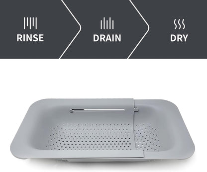 Makerstep Over the Sink Colander Strainer Basket - Expandable, Wash, Drain, and Dry. - New Home Kitchen Essentials, Multifunctional Kitchen Gadgets, Grey 14.25x8