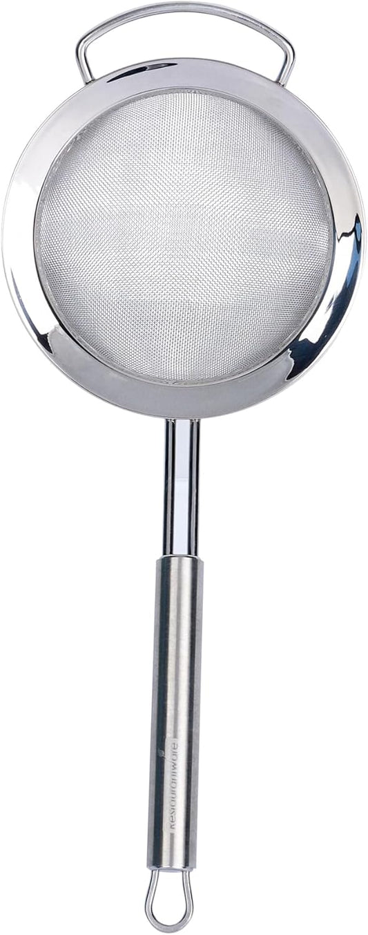 Restaurantware 11.5 in Stainless Steel Fine Mesh Strainer - German Standard Sieve Sifter with Ergonomic Handle, Dishwasher Safe - Reinforced Metal Food Strainer for Quinoa, Soup, Sauce, Baking