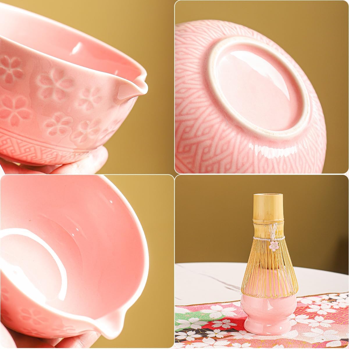 8-Piece Matcha Ceremony Set - Tea Kit with Cherry Blossom Bowl, Bamboo Whisk, Wood Scoops, Tea Cloth & Floral Display - Gift-Ready Pink Cherry color box (blue)
