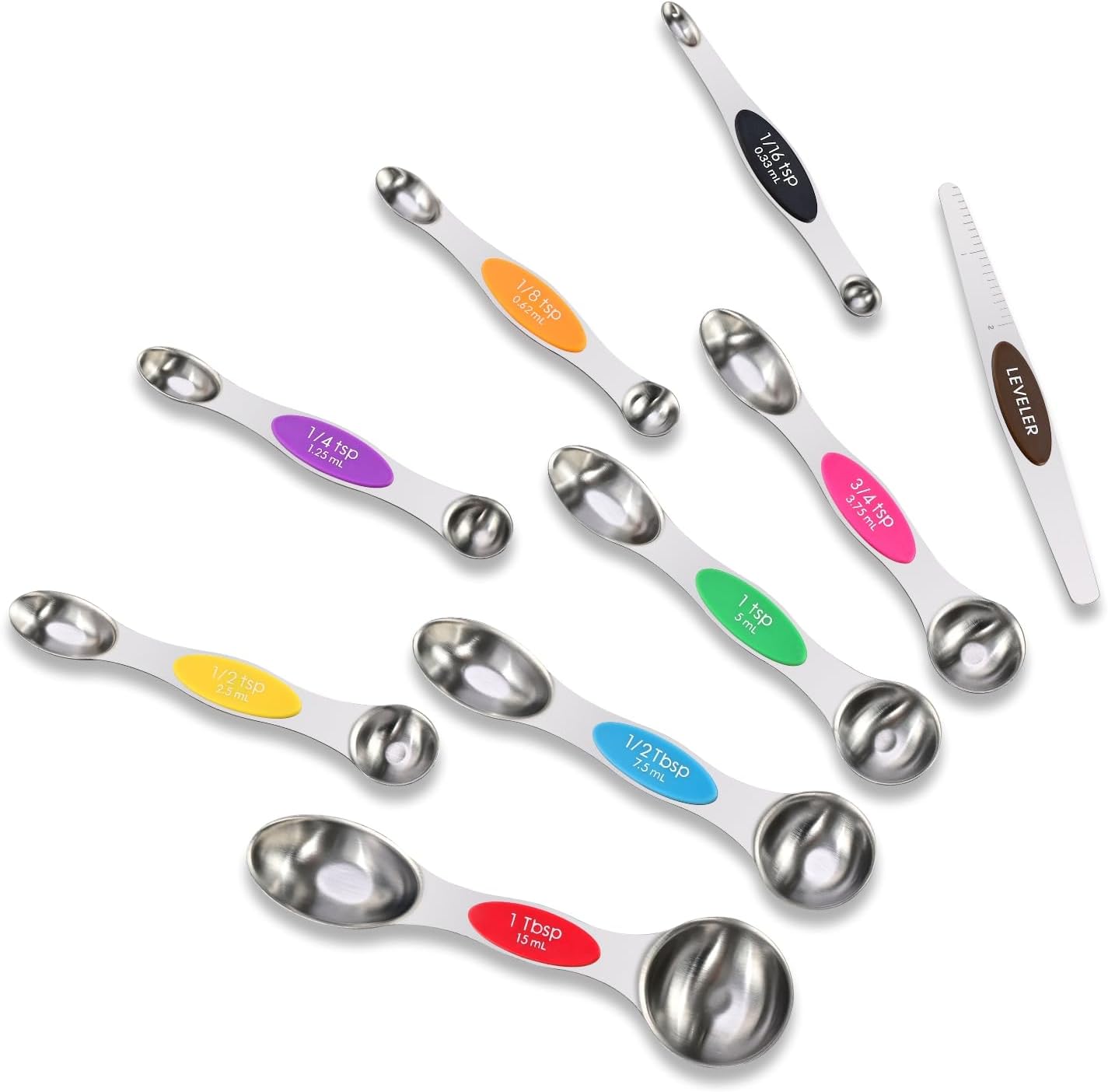16-Piece Magnetic Measuring Cups and Spoons Set, Stainless Steel with Non-Slip Silicone Handles and Leveler, Essential Kitchen Baking Tools (Multicolor)