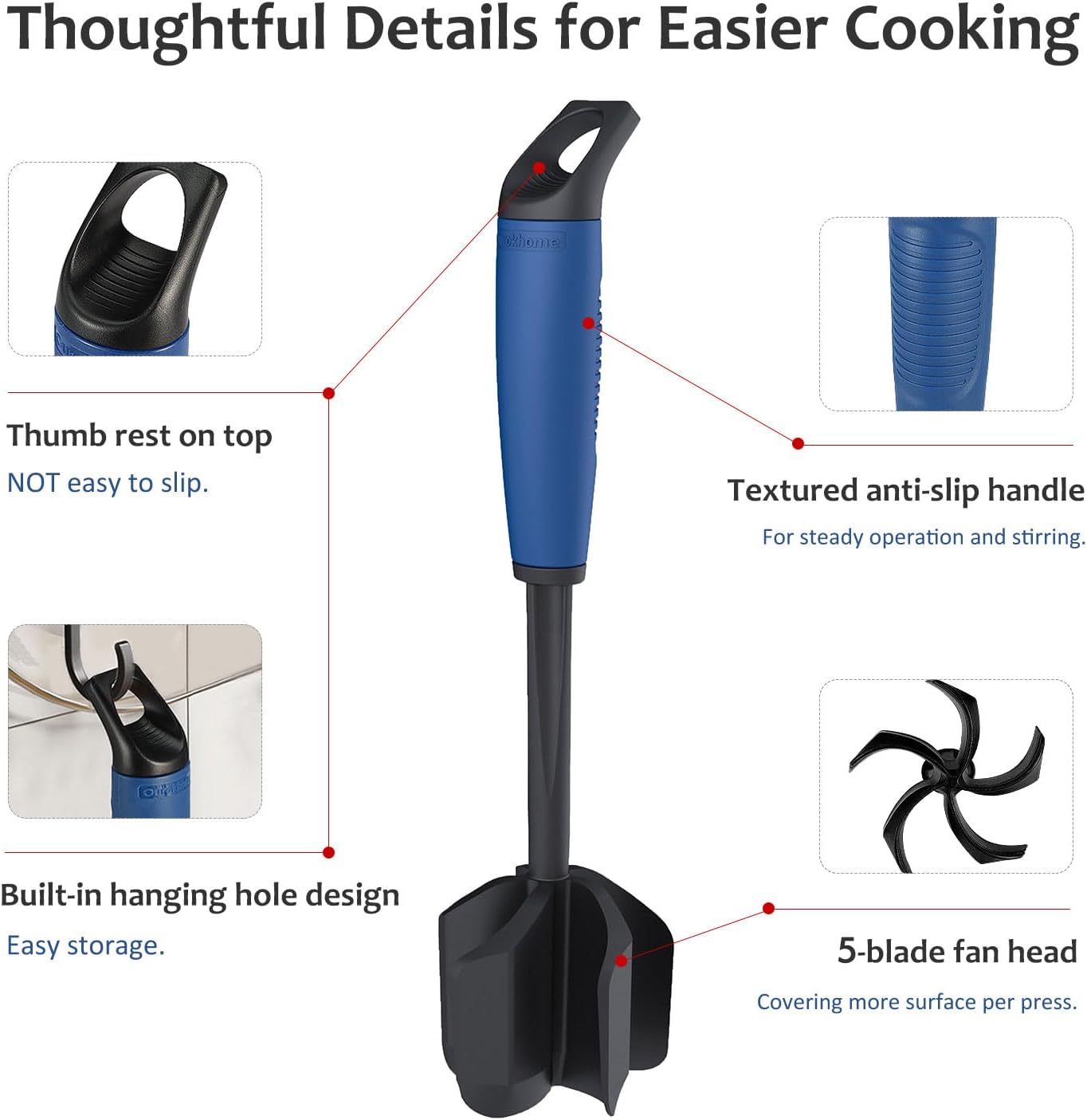 Ourokhome Meat Chopper and Potato Masher, Heat Resistant Nylon Ground Beef Smasher for Hamburger, 5 Curved Blades Nonstick Mixer & Stirrer, Practical Kitchen Gadgets, Black