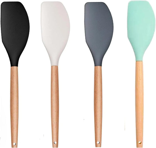 LorisArm Large Wooden Handle Spatula Set, 12" Rubber Spatula 4-Pack Nonstick Silicone Spatulas for Baking Cooking and Mixing, Jar Scraper (Grey, Green, White, Black).