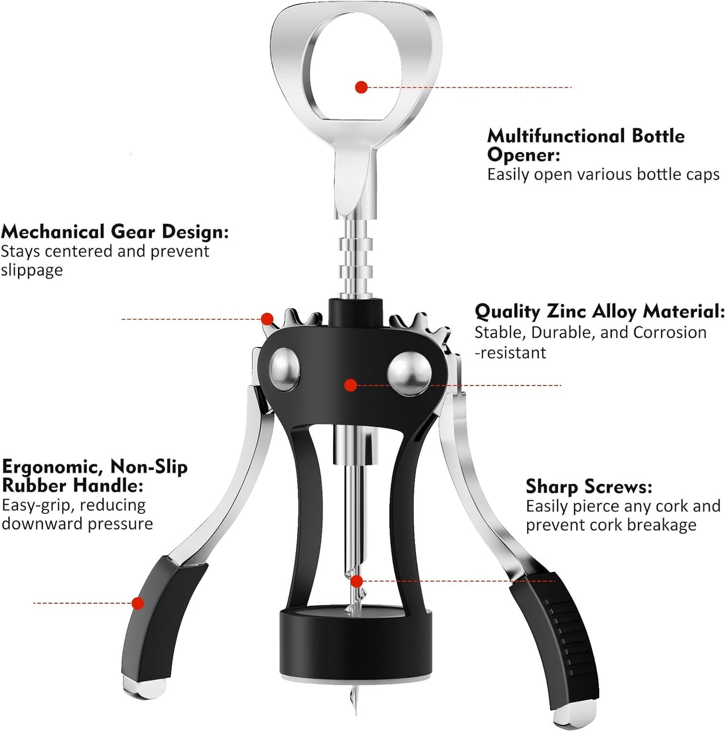 KORCCI Wine Opener, Heavy-Duty Zinc Alloy Wing Corkscrew, Premium Beer Bottle Opener, Multifunctional Wine Accessories with Ergonomic Handle and Sharp Screw, for Kitchen, Bar, Restaurant (SILVER)
