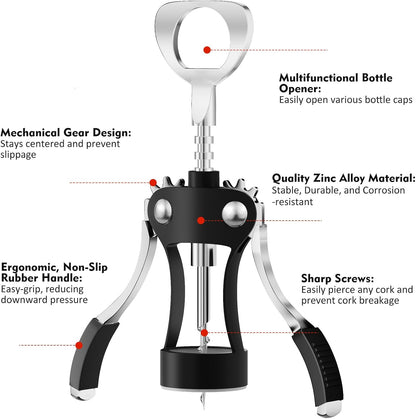 KORCCI Wine Opener, Heavy-Duty Zinc Alloy Wing Corkscrew, Premium Beer Bottle Opener, Multifunctional Wine Accessories with Ergonomic Handle and Sharp Screw, for Kitchen, Bar, Restaurant (SILVER)