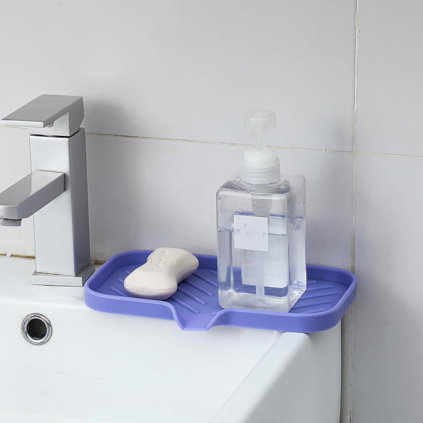 MicoYang Silicone Soap Dish with Drain Spout, Self-Draining Sink Organizer Tray for Bathroom and Kitchen, Sponges, Dispensers and Soap Holder, Non-Slip and Dishwasher Safe, Black (Compact, 4.9"×3.2")