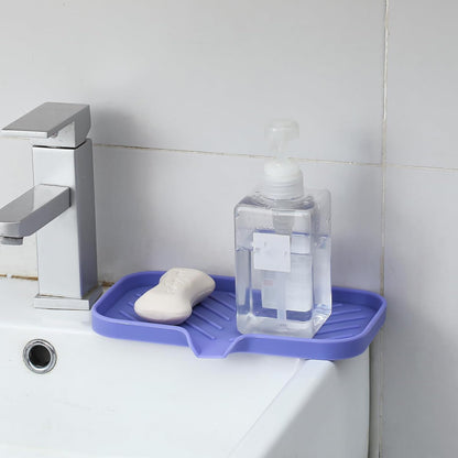 MicoYang Silicone Soap Dish with Drain Spout, Self-Draining Sink Organizer Tray for Bathroom and Kitchen, Sponges, Dispensers and Soap Holder, Non-Slip and Dishwasher Safe, Black (Compact, 4.9"×3.2")