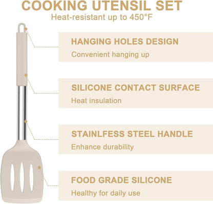 E-far Silicone Cooking Utensils Set, 7 Pcs Heat Resistant Kitchen Utensils with Stainless Steel Handle, Slotted Turner, Spoon, Soup Ladle, Pasta Server, Skimmer, Tongs for Nonstick Cookware, Black
