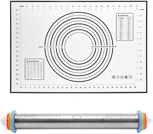Rolling Pin and Silicone Baking Pastry Mat Set, Stainless Steel Dough Roller with Adjustable Thickness Rings, for Pizza, Pie, Pastries, Pasta, Cookies (Red)