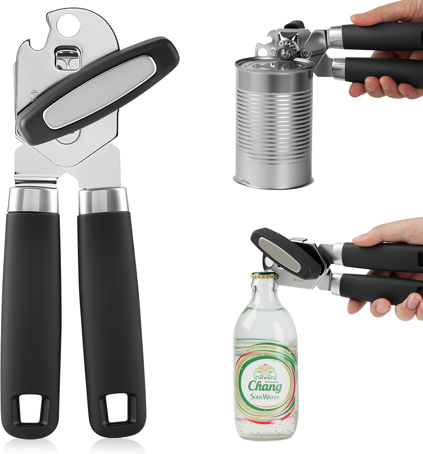 Easy Turn Smooth Edge Manual Can Opener, Hand Held Kitchen Gadget for Arthritis and Weak Hands, Effortless Rust-Proof Stainless Steel with Built-in Bottle Opener