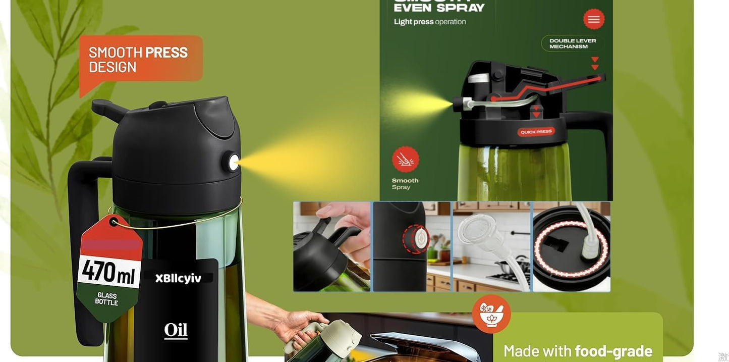 16oz/470ml Glass Olive Oil Sprayer for Cooking - 2 in 1 Olive Oil Dispenser for Kitchen Gadgets, Air Fryer, Salad, and BBQ (black)