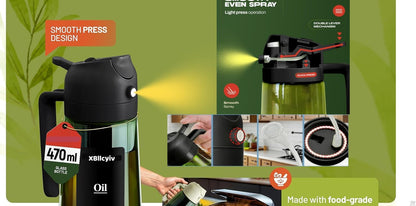 16oz/470ml Glass Olive Oil Sprayer for Cooking - 2 in 1 Olive Oil Dispenser for Kitchen Gadgets, Air Fryer, Salad, and BBQ (black)