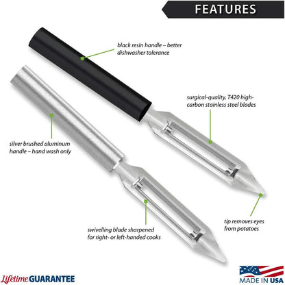 Rada Cutlery Vegetable Peeler (W232), 1.75" Stainless Steel Swiveling Blade, Black Handle