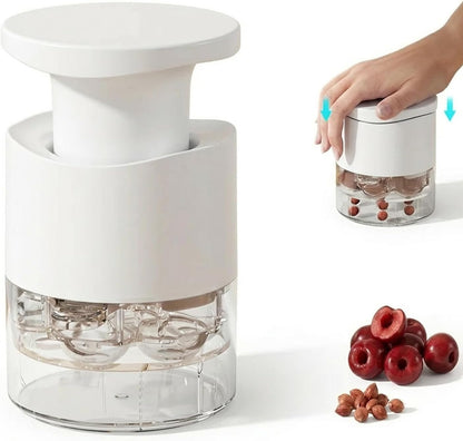 Cherry Pitter Tool, Multi Cherry Seed Remover Pits 7 Cherries at Once, Food-Grade Cherry Core Remover with Splash Guard Container, for Jam, Dessert, Baking (White)