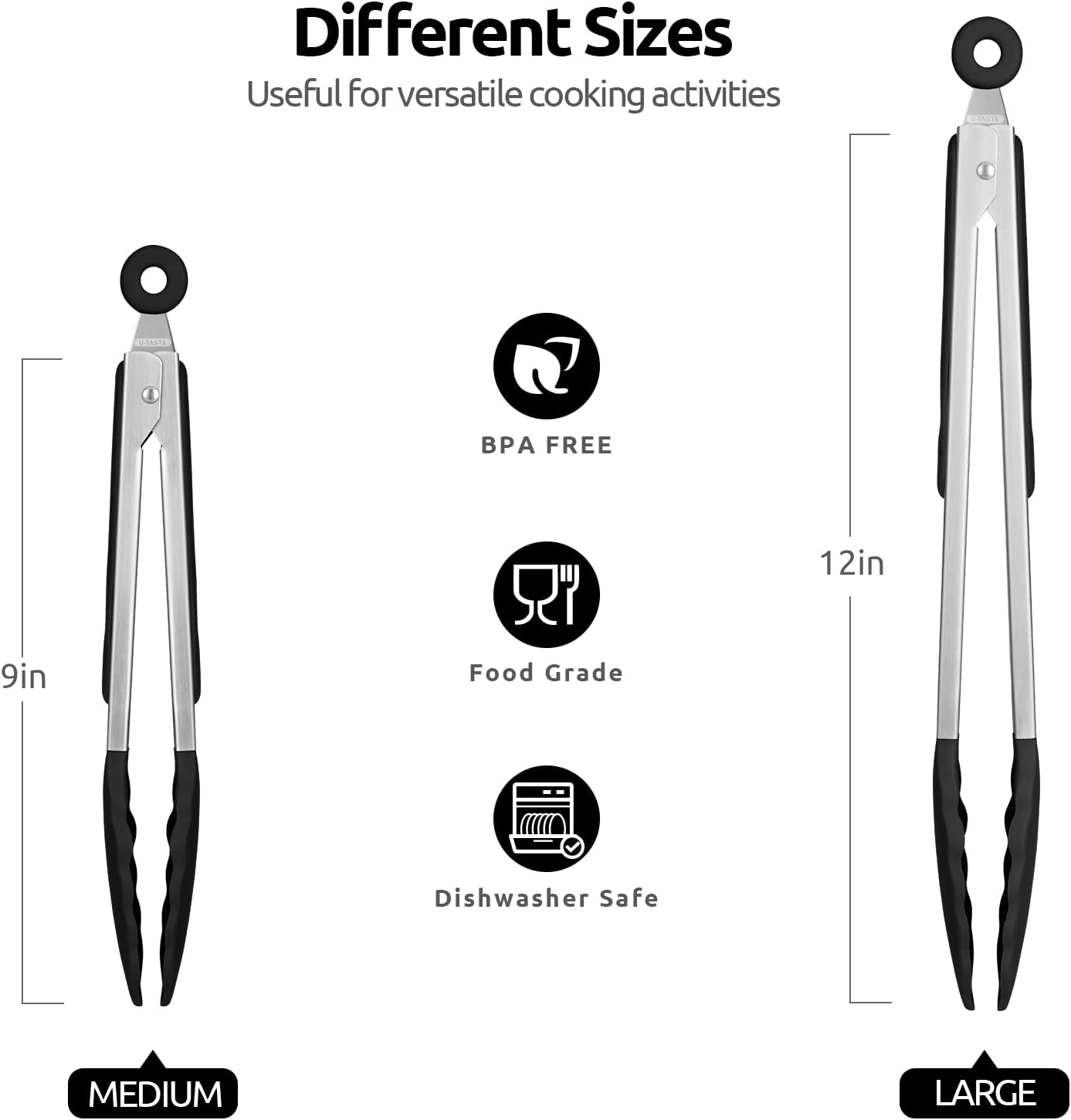 600ºF Heat Resistant Kitchen Tongs: U-Taste 9 inch Silicone Cooking Tong with Firm Sealed Non Stick Rubber Tips & Silicon Coated 18/8 Stainless Steel Handle & Smooth Locking for Serving Salad (Black)