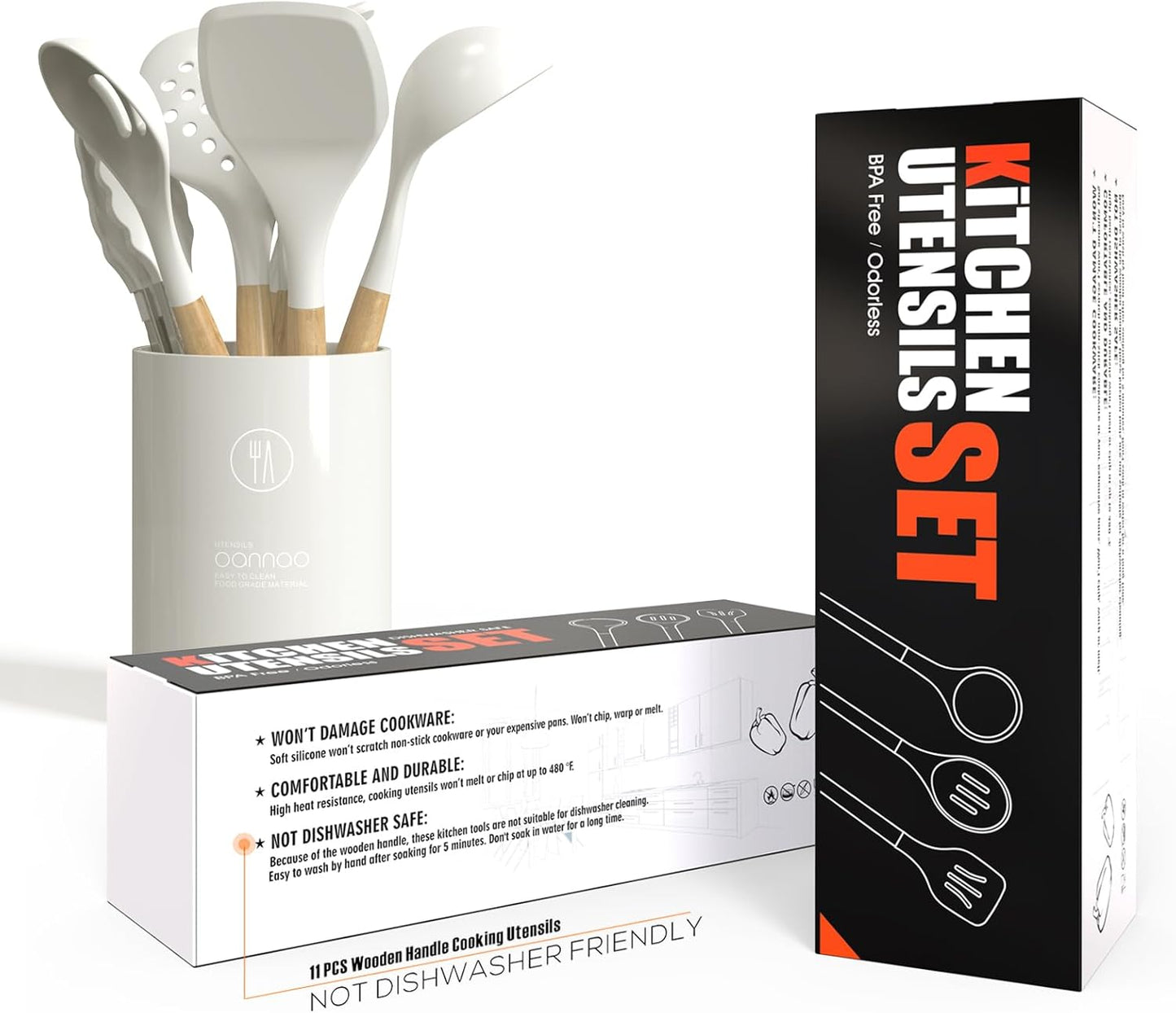 oannao Silicone Cooking Utensils Set - 446°F Heat Resistant Silicone Kitchen Utensils for Cooking,Kitchen Utensil Spatula Set w Wooden Handles, BPA FREE Gadgets for Non-Stick Cookware (Khaki)