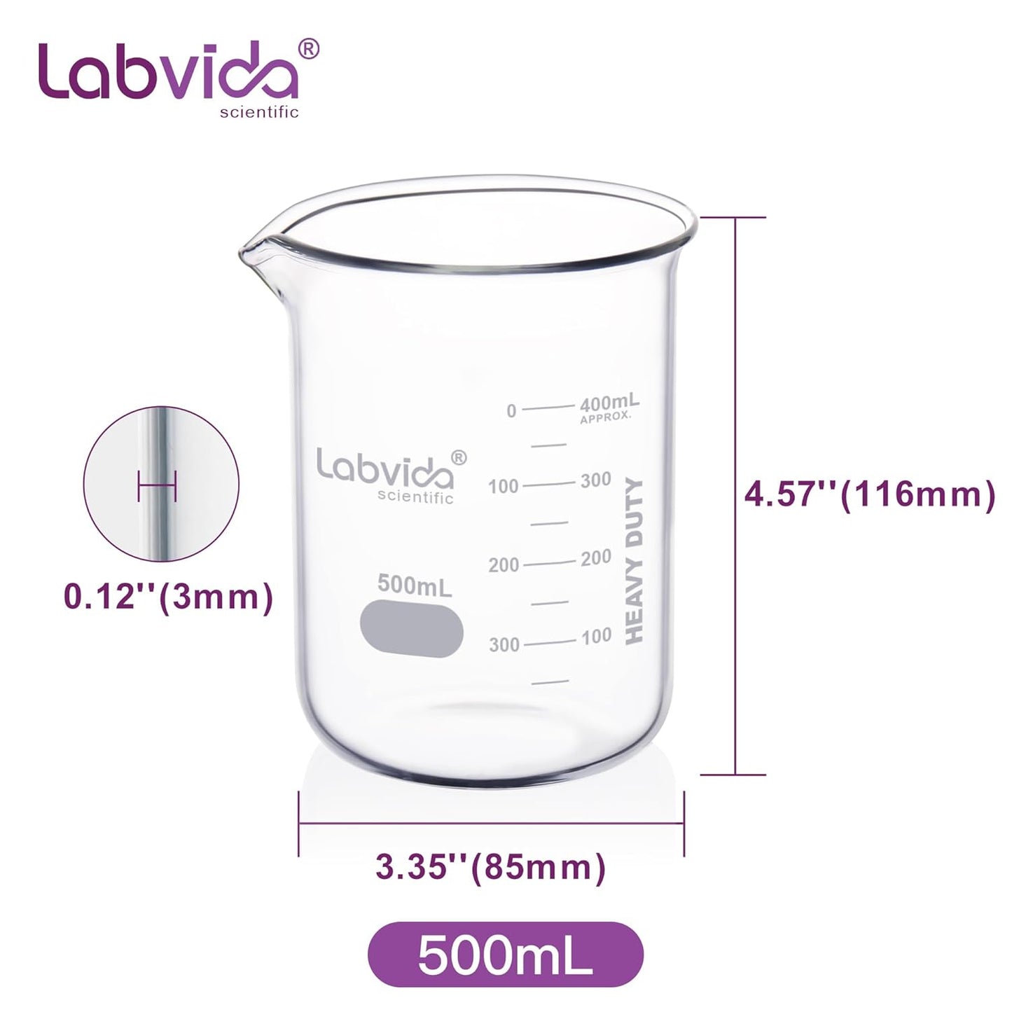 Upgrated 6 Size Low Form Glass Beaker Set, 25ml 50ml 100ml 250ml 500ml 1000ml, 3.3 Boro Glass beakers with Printed Graduation, LVA019
