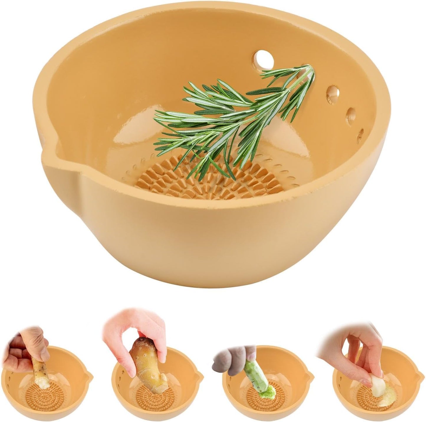 Herb Stripper Bowl with Grater, Handmade Ceramic Herb Stripper Her b Peeling Bowl Tool with 7 Hole Sizes, Kitchen Efficient Leaf Removal Tool for Peeling The Stemmed Leaves