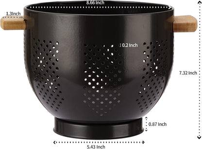 Metal Colander with Wood Handle and Stable Base, 5.5 Quart Powder Coated Steel Kitchen Strainer Basket for Draining Pasta, Vegetable and fruit,Cream