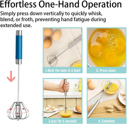 Stainless Steel Semi-Automatic Egg Whisk Set, 2PCS Hand Push Rotary Manual Mixer for Cooking, Whisking, Beating and Stirring (10&12 Inch)