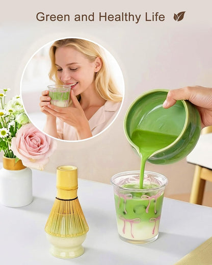 Matcha Whisk Set - 8Pcs Matcha Set includes Bowl, Whisk and Holder, Bamboo Scoop, Scoop Rest, Spoon, Sifter and Tea Towel, for Matcha Lovers, Gift- Green