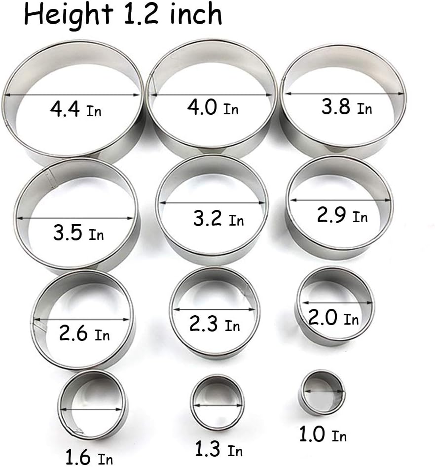 Stainless Steel Round Cookie Cutter Set, 12 Circular Biscuit Cutters Round Donut Ring Molds for Baking 1.2 Inch Height