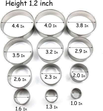 Stainless Steel Round Cookie Cutter Set, 12 Circular Biscuit Cutters Round Donut Ring Molds for Baking 1.2 Inch Height