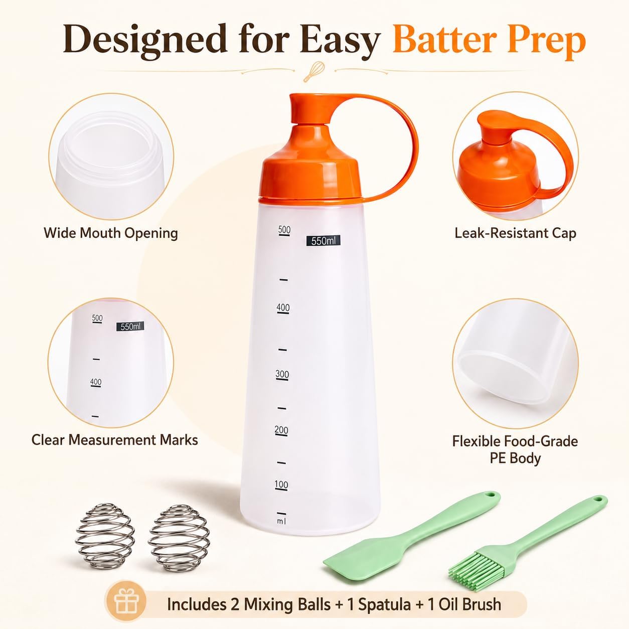 550ml Pancake Batter Dispenser Set of 2 with Mixing Balls, Clear Squeeze Bottle with Measurement Marks, Leakproof Cap, Batter Mixer Tool for Waffles, Crepes, Cupcakes with Spatula and Brush