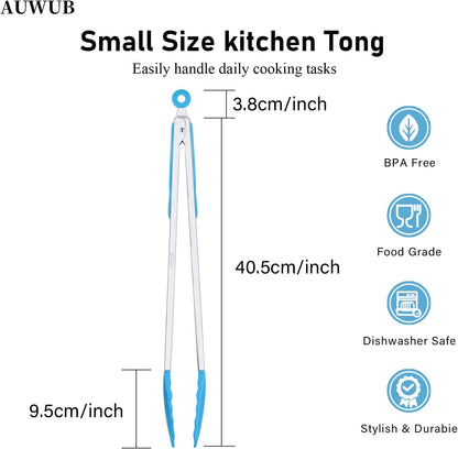 9+12 Inch Blue Salad Tongs 2-Piece Set, Silicone with 304 Stainless Steel Core & Non-Slip Grip, Kitchen Utensils for Grilling Salad