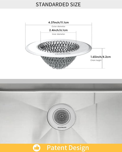 TRAPMATE Kitchen Sink Drain Strainer, Reversible Chain Mesh Sink Strainer, 304 Stainless Steel Anti-Clogging & Easy Clean Sink Strainer Basket, Fits US Standard Kitchen Sink Drains, Dishwasher Safe