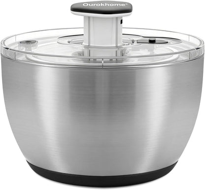 Ourokhome 6.3 QT Stainless Steel Salad Spinner, Large Lettuce Spinner with One-Hand Press Pump, Brake Button, Non-Slip Base and Retractable Handle, Vegetable Washer & Dryer for Greens, Fruits and Herb