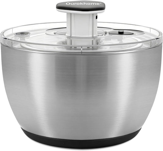 Ourokhome 6.3 QT Stainless Steel Salad Spinner, Large Lettuce Spinner with One-Hand Press Pump, Brake Button, Non-Slip Base and Retractable Handle, Vegetable Washer & Dryer for Greens, Fruits and Herb