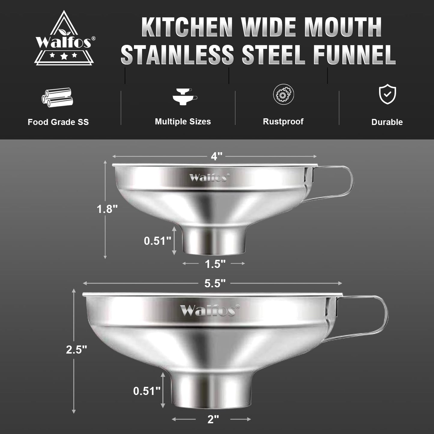 Stainless Steel Funnel, Walfos 3 Pack Kitchen Funnel with 2 Removable Strainer ＆ 1Pcs Cleaning Brush, Perfect for Transferring of Liquid, Oils, Jam, Dry Ingredients & Powder