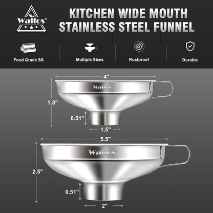 Stainless Steel Funnel, Walfos 3 Pack Kitchen Funnel with 2 Removable Strainer ＆ 1Pcs Cleaning Brush, Perfect for Transferring of Liquid, Oils, Jam, Dry Ingredients & Powder